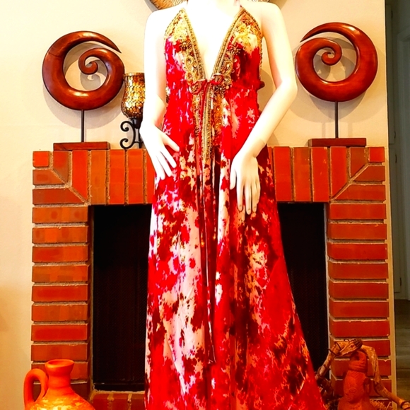 *LAST ONE***MANISH VAID Fushia/Brown Tie Dye Cry.Emb. Hi-Lo Dress OS NWT - Picture 4 of 7